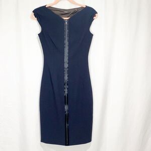 Elie Tahari Ruth Cap Sleeve Exposed Zipper Front Navy Blue Sheath Dress sz 0
